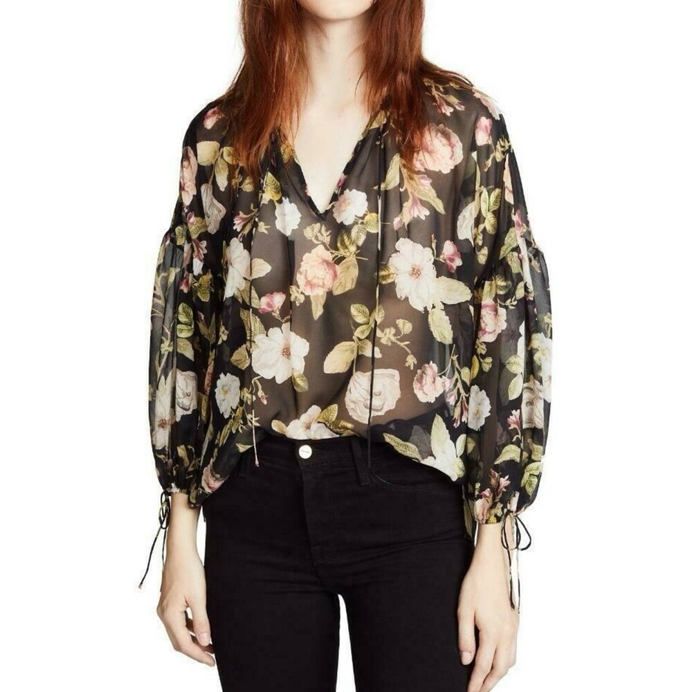 Alice + Olivia Silk Floral Blouse 🌸 Sheer Boho Tie Neck Size S